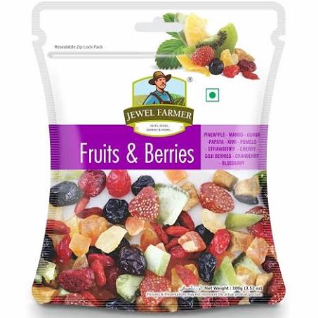 JEWEL FARMER Fruits & Berries Mix with Pineapple, Mango, Guava, Papaya, Kiwi, Pomelo, Strawberry, Cherry, Goji Berries, Cranberry & Blueberry (100g)