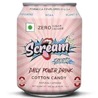 Scream Power Drink - Cotton Candy Flavour with l 0 Sugar,0 Calorie, 0 carbs, 0 artificial colour l BCAA l Natual Caffeine l Sustained Energy l - 250Ml Pack of 4