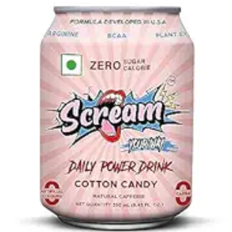 Scream Power Drink - Cotton Candy Flavour with l 0 Sugar,0 Calorie, 0 carbs, 0 artificial colour l BCAA l Natual Caffeine l Sustained Energy l - 250Ml Pack of 4 Main Image