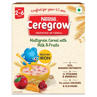 NESTLÉ CEREGROW Kids Cereal-Multigrain,Milk &Fruits|Rich in Iron, Calcium & Protein|Nutrient-Rich Tasty Breakfast |NO Added Colors or Flavors|16 Nutrients for Growth |300g