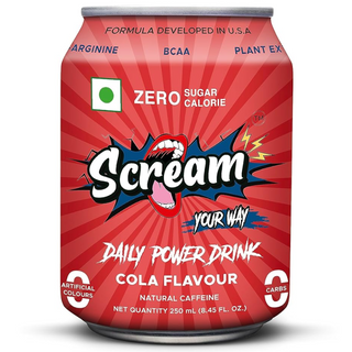 Scream Power Drink - Cola Flavour with l 0 Sugar,0 Calorie, 0 carbs, 0 artificial colour l BCAA l Natual Caffeine l Sustained Energy l - 250Ml Pack of 4 10% off