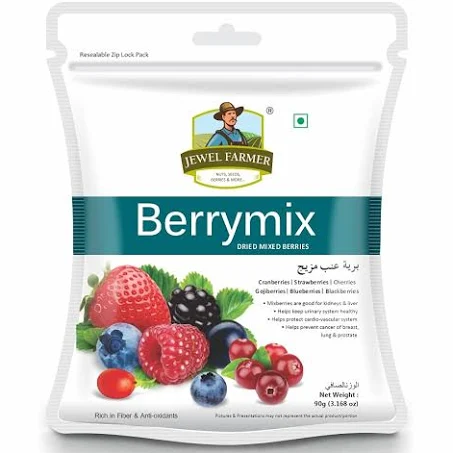 JEWEL FARMER Berrymix, Gluten-free, Antioxidant Rich Dried Mixed Berries with Cranberries, Strawberries, Cherries, Goji Berries, Blueberries & Blackberries (90g)