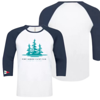 White/True Navy Baseball Tee with Trees on Front