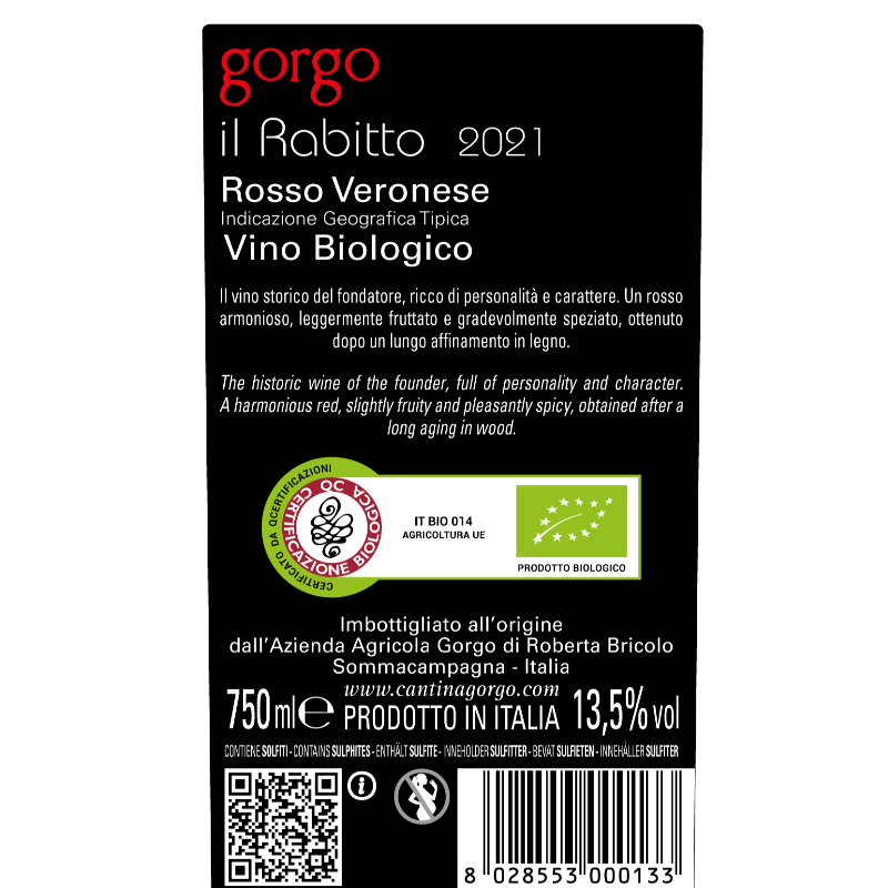 GOR011-GORGO-IL RABITTO  ROSSO VERONA  Organic I.G.T . 