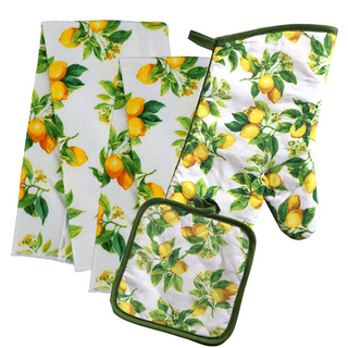 5 Piece Lemons Theme Kitchen Oven Mitt Pot Holder Towels Set