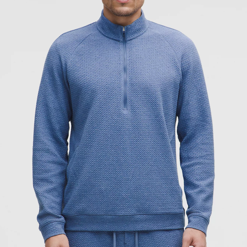 Textured Double-Knit Cotton Half Zip - Blue