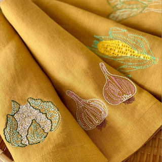 Veggies Embroidered Linen Napkins in Ochre - Set of 4