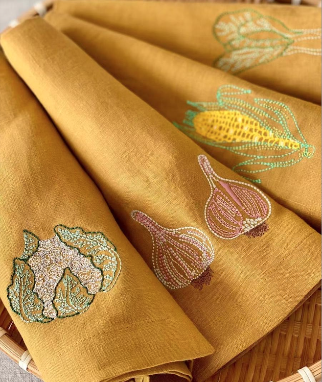 Veggies Embroidered Linen Napkins in Ochre - Set of 4