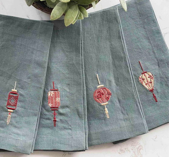 Lanterns Embroidered Linen Napkins - Set of 4