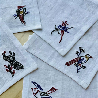 Mahjong Embroidered Linen Cocktail Napkins in White - Set of 5