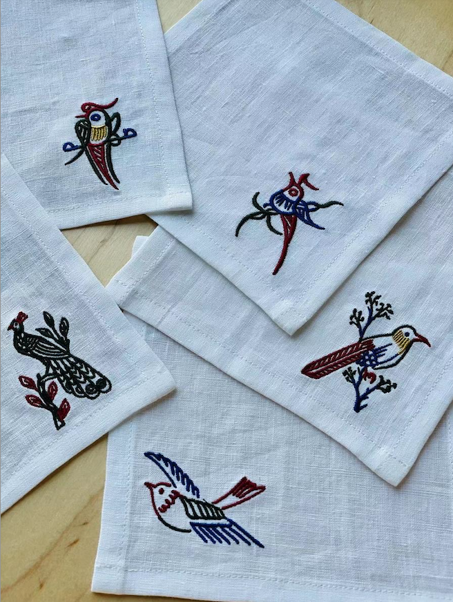 Mahjong Embroidered Linen Cocktail Napkins in White - Set of 5