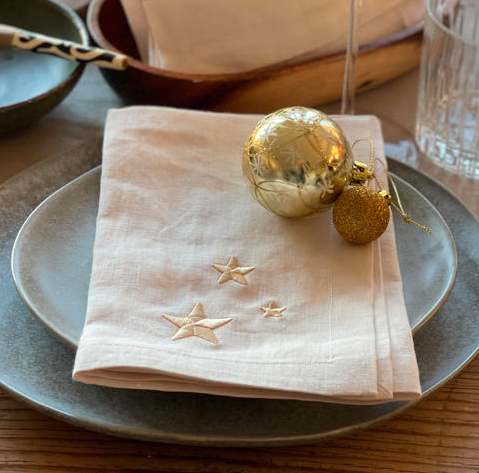 Star Embroidered Linen Napkin in Natural - Set of 4