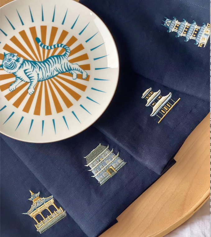 Pagodas Embroidered Linen Napkins - Set of 4