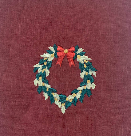 Christmas Embroidered Linen Tea Towel in Burgundy