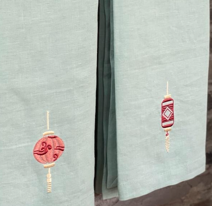 Lanterns Embroidered Linen Tea Towel