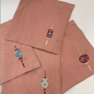 Lanterns Embroidered Linen Cocktail Napkins in Clay - Set of 4