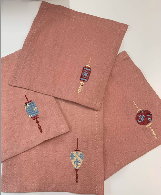 Lanterns Embroidered Linen Cocktail Napkins in Clay - Set of 4