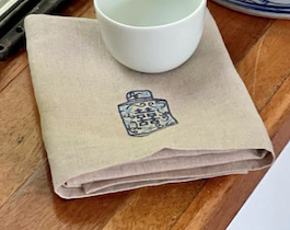 Blue & White Pots Embroidered Linen Tea Towel