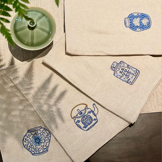 Blue & White Pots Embroidered Linen Napkins - Set of 4