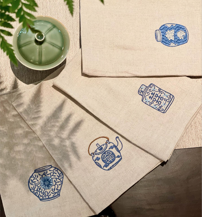 Blue & White Pots Embroidered Linen Napkins - Set of 4