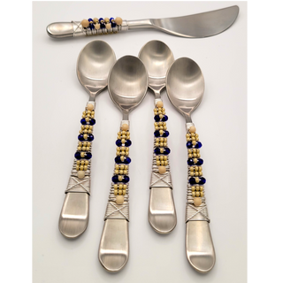 Blue Cobalt Crystal w/ Fossil Stone Demitasse Spoons and Butter Knife