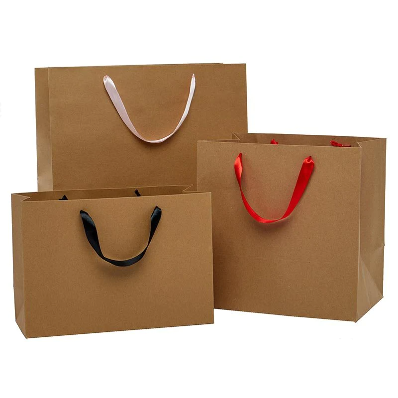 BROWN KRAFT PAPER BAG W RIBBON HANDLES H29 X L29 X W26CM (LARGE) (10PCS/PKT)