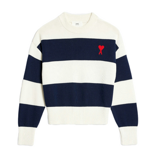 Pull Ami Paris Ami de cœur à rayures rugby - Crème/Bleu marine