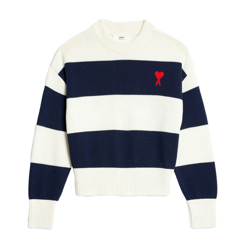 Pull Ami Paris Ami de cœur à rayures rugby - Crème/Bleu marine Main Image