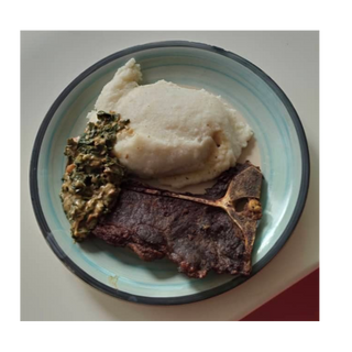 Sadza T-bone, greens in peanut butter