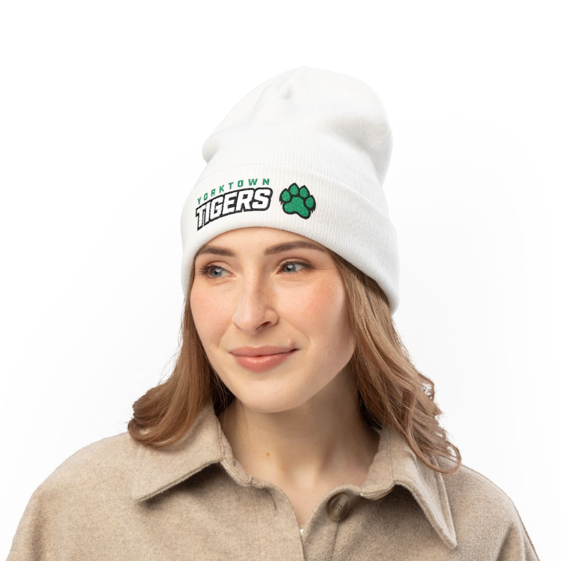 Tiger Embroidered Knit Beanie - White