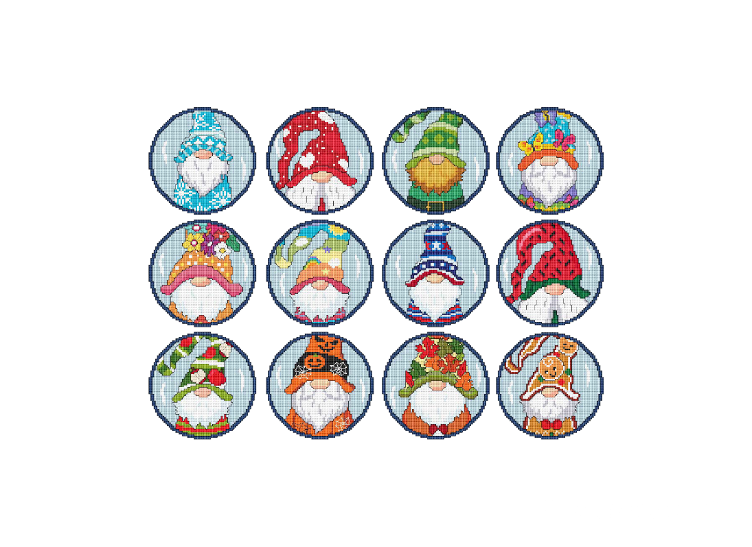 MONTLY ROUND GNOMES BUNDLE Counted Cross Stitch Charts Main Image