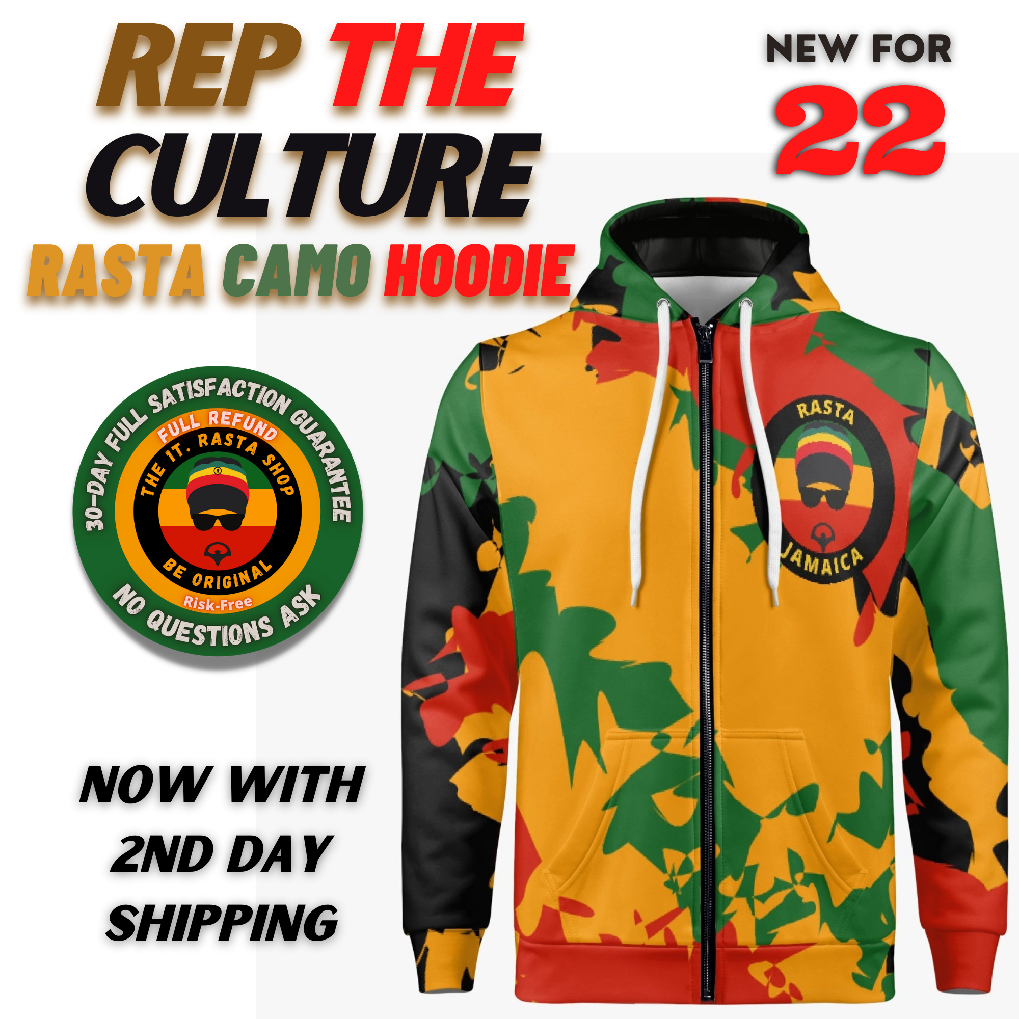Rasta Shop Camo Men's Full Zip Up Hoodie