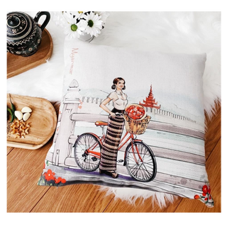 Throw Pillow Cover ( Burmese lady with bicycle)