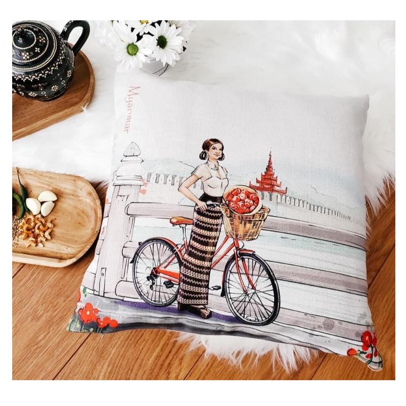 Throw Pillow Cover ( Burmese lady with bicycle) Main Image