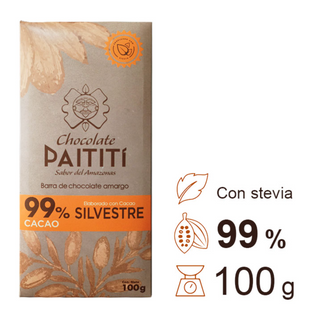 Barra de Chocolate PAITITI 99%  puro cacao SILVESTRE con estevia 