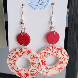 Clay Red Round Christmas Earrings