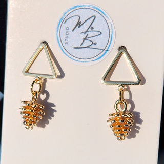 18K Gold Plated Triangle Stud with 18K Gold Plated Pine Cone