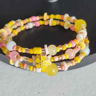 Yellow Flower Pink White 3 Wire Wrap Bracelet