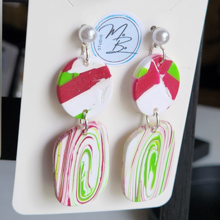 Clay Pearl Top 2 Tiered Red Green & White Earrings