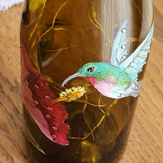 Hummingbird with Pink Flower Olive Bottle with Lights