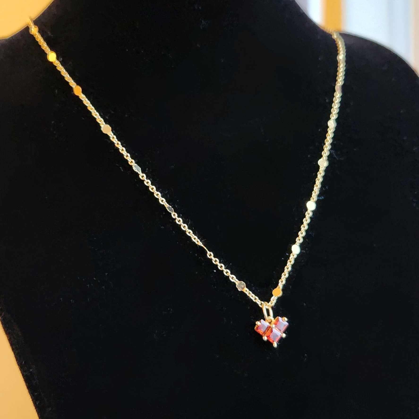 18K Gold Plated Flat Round Link Chain with 18K Gold Plated Dark Ruby 3 Stone Cubic Zirconia and 18K Gold Plated Heart Pendant Necklace