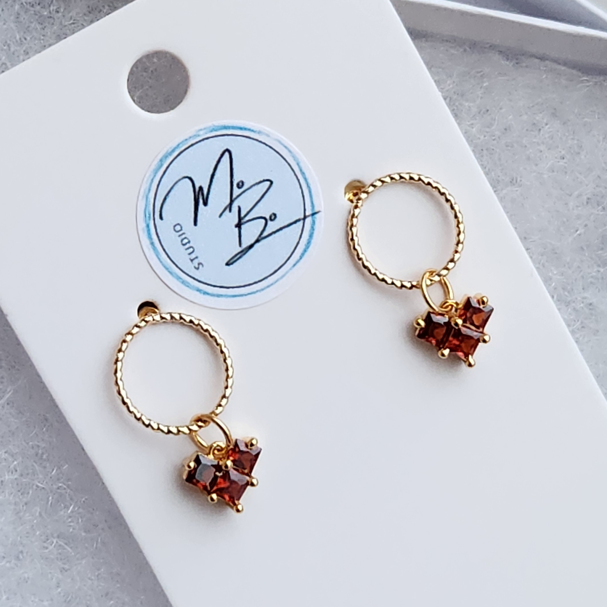 18K Gold Plated Round Stud Earrings with Dark Ruby 3 Stone Cubic Zirconia and 18K Gold Plated Heart Pendant