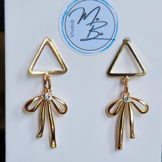 18K Gold Plated Triangle Stud with 18K Gold Plated Cubic Zirconia Bow