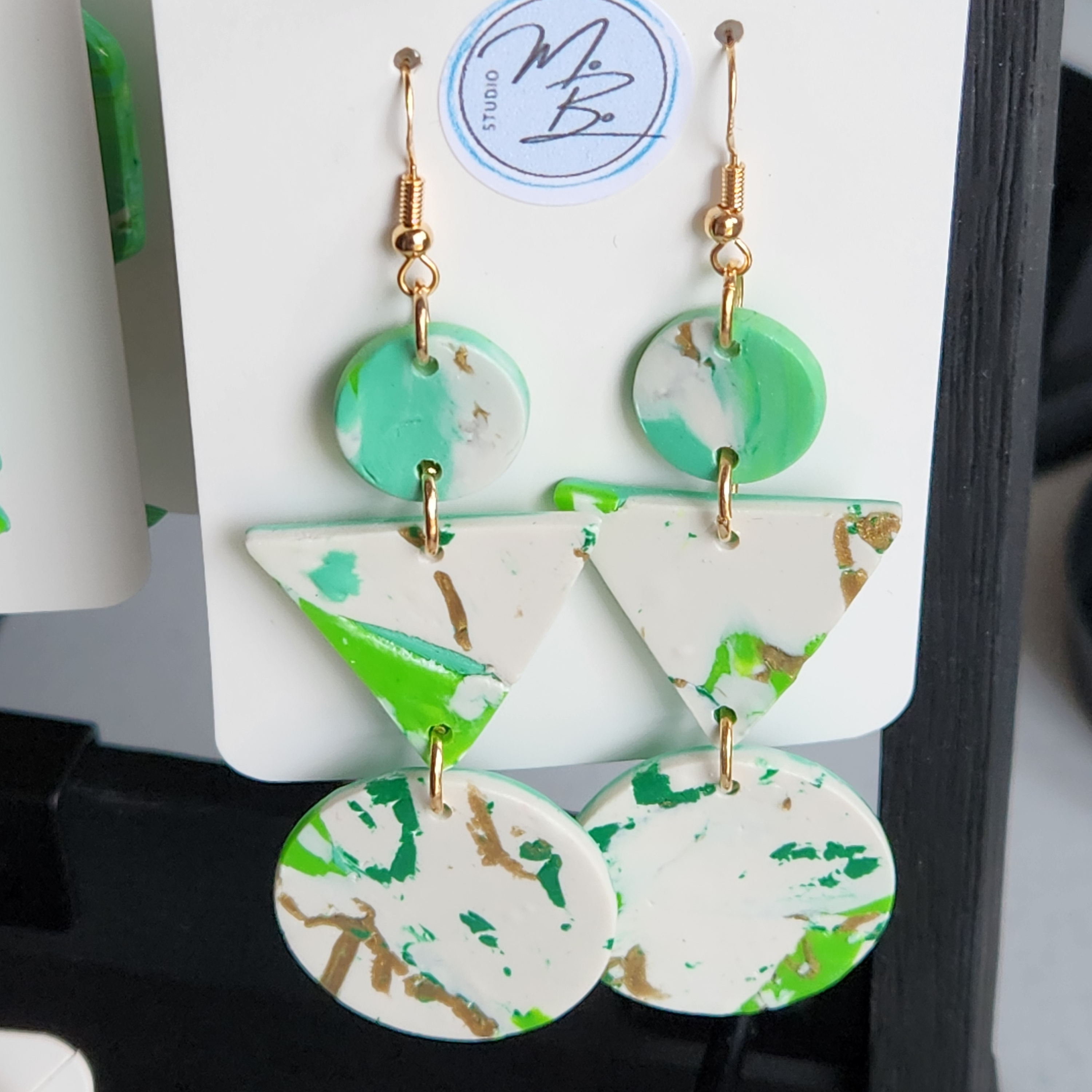 Clay Green White & Gold 3 Tiered Earrings Main Image