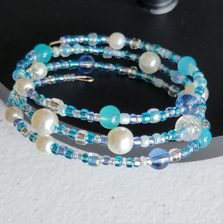 Blue Pearl Clear 3 Wire Wrap Bracelet