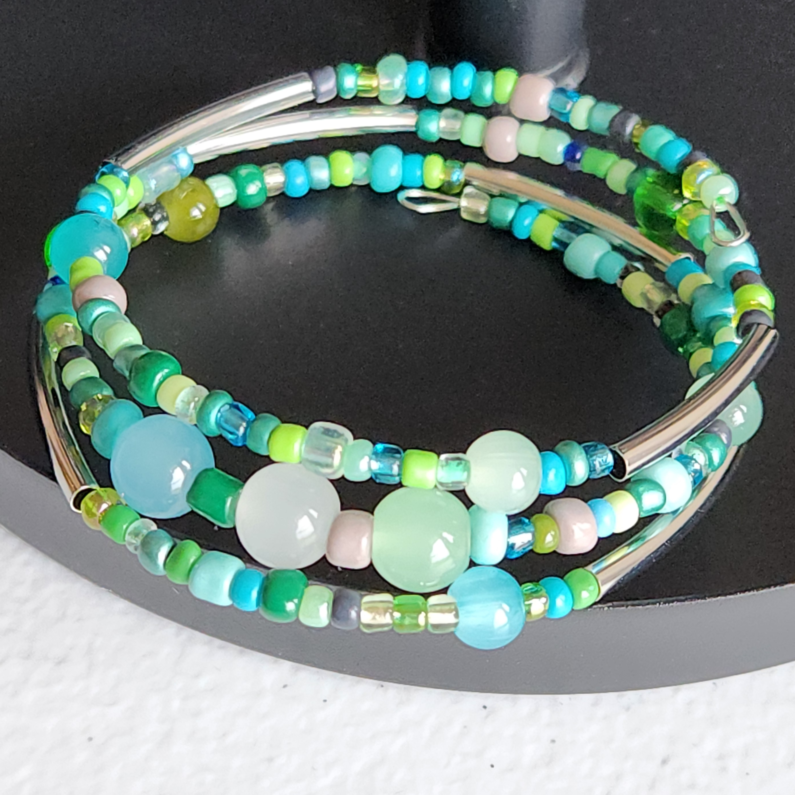 Green Blue Silver 3 Wire Wrap Bracelet Main Image