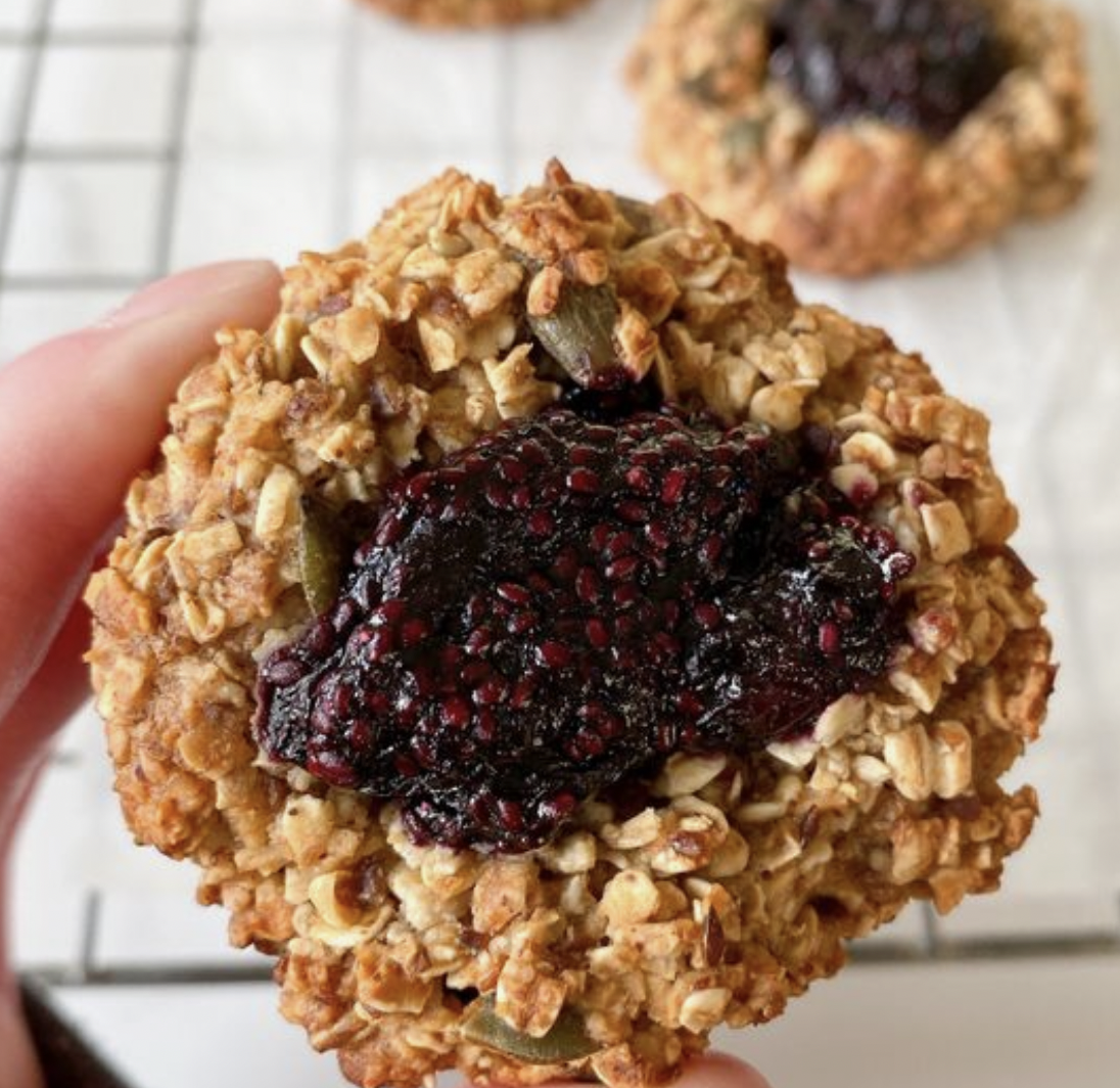 Jumbo Breakfast Pb & Banana Thumbprint Cookie w/ Blueberry Chia Jam 2  Main Image