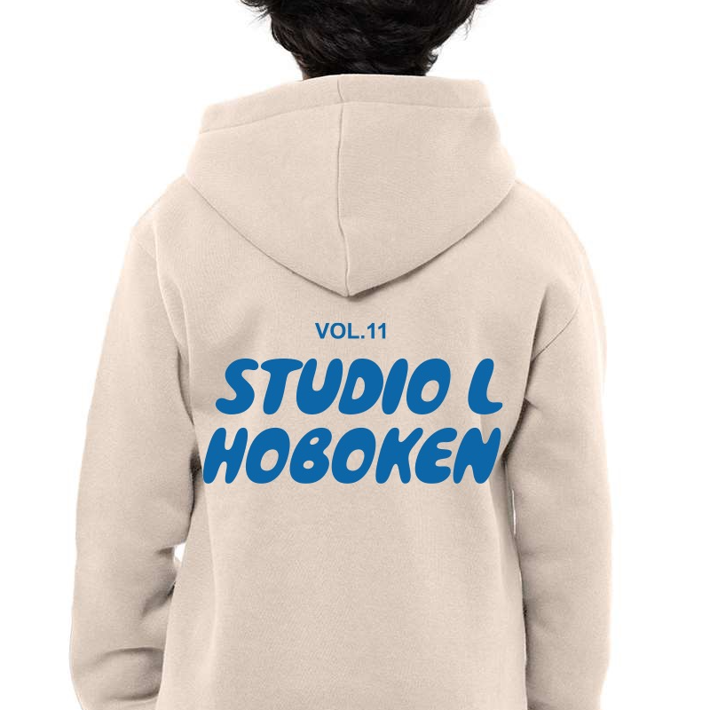Studio L Puff Print Hoodie - Tan with Blue Print