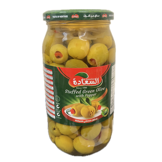 Al Saadah Green Olives Stuffed with Pepper 1000gx12 Glass Jar