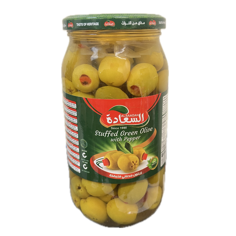 Al Saadah Green Olives Stuffed with Pepper 1000gx12 Glass Jar
